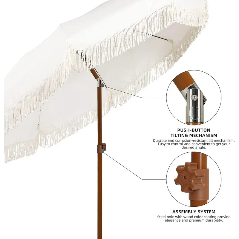 مظلة فناء بطول 7 أقدام مع مظلة شرابة خارجية بشراشيب بعامل حماية من الأشعة فوق البنفسجية 50 + عمود فولاذي فاخر وأضلاع #2