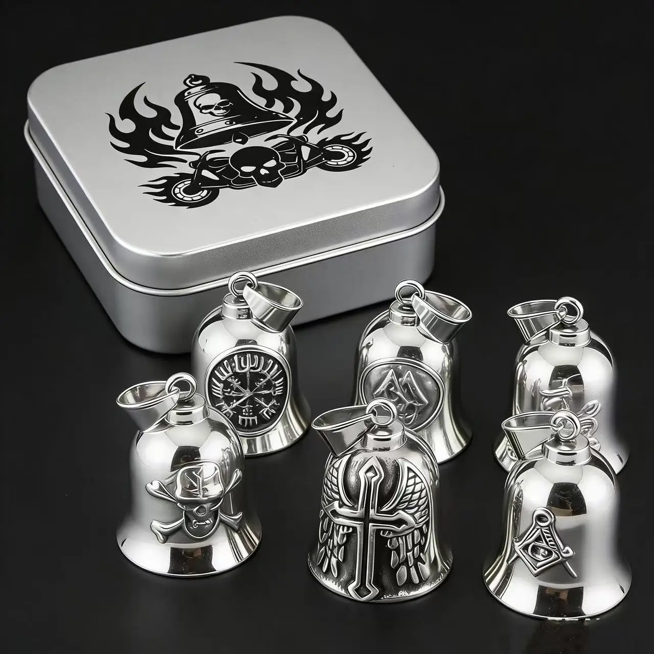 Image of HNSP 316L Edelstahl Gremlin-Glocke Biker Schutzglocke für Motorrad, Glücksbringer Anhänger Männer Geschenkbox-Set