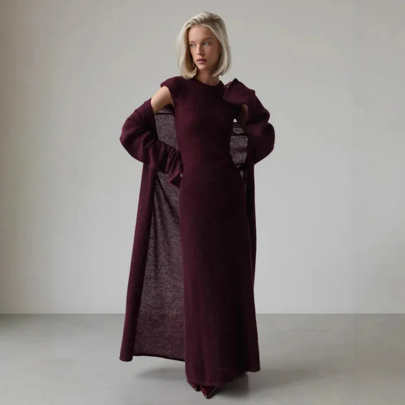 

2025 Autumn 2 Piece Set Women Mohair Knitted Sleeveless Bodycon Maxi Dress + Long Cardigan Elegant Chic Outfit Knitwear Suit Mew