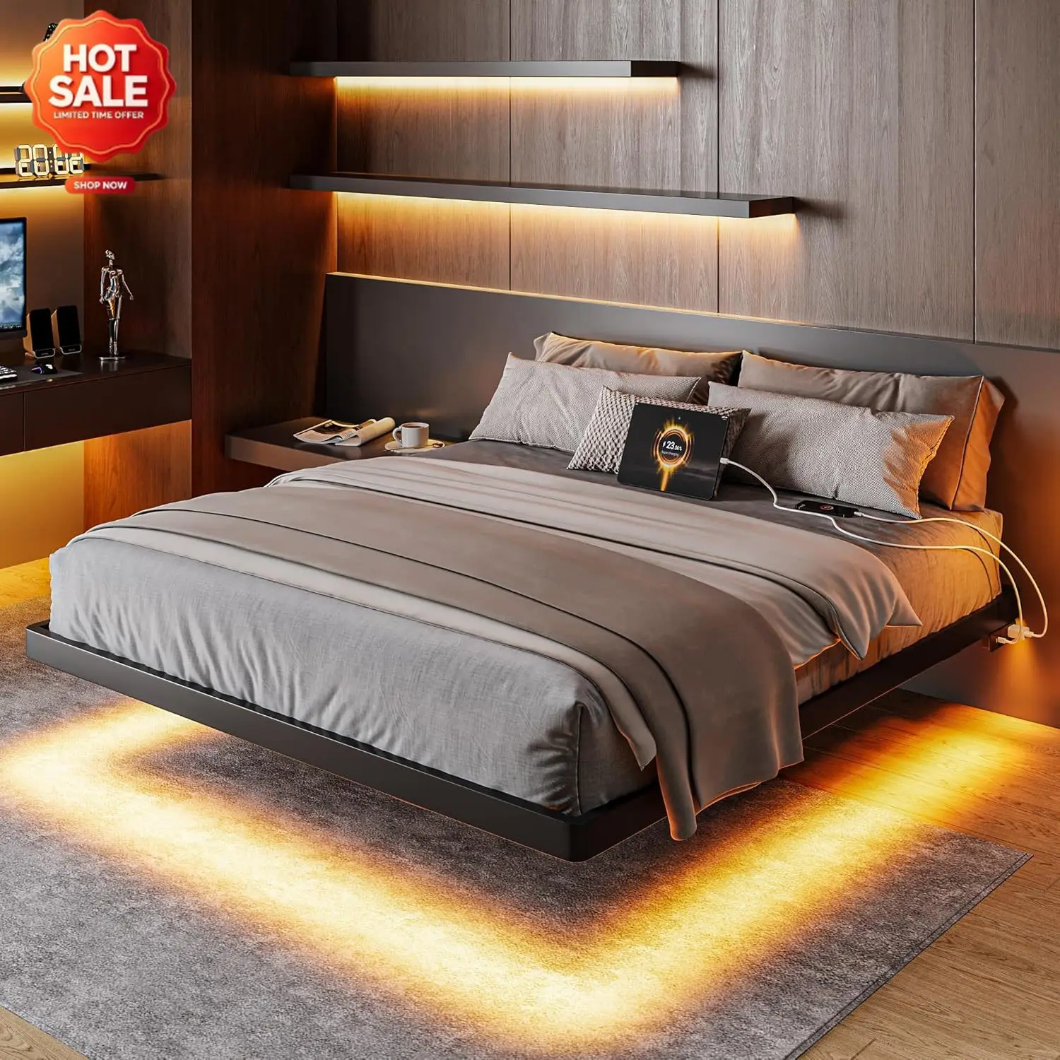 Full Size Floating Bed Frame with Charging Station and Led Lights, Metal Bed Frame with Heavy Duty Steel Slats Supports, No Box