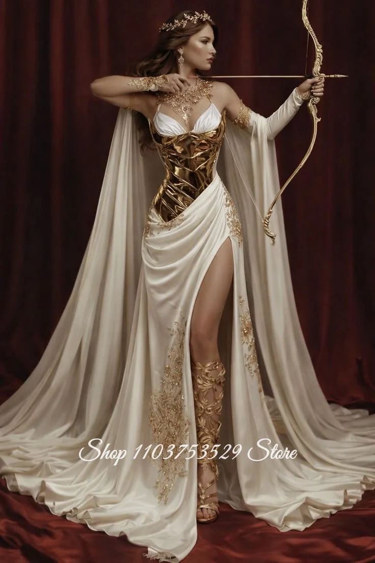 

Greek Goddess Ivory Gold Evening Gown Side-Slit Valkyrie Costume Athena Special Occasion Prom Dress Customied Halloween Costume