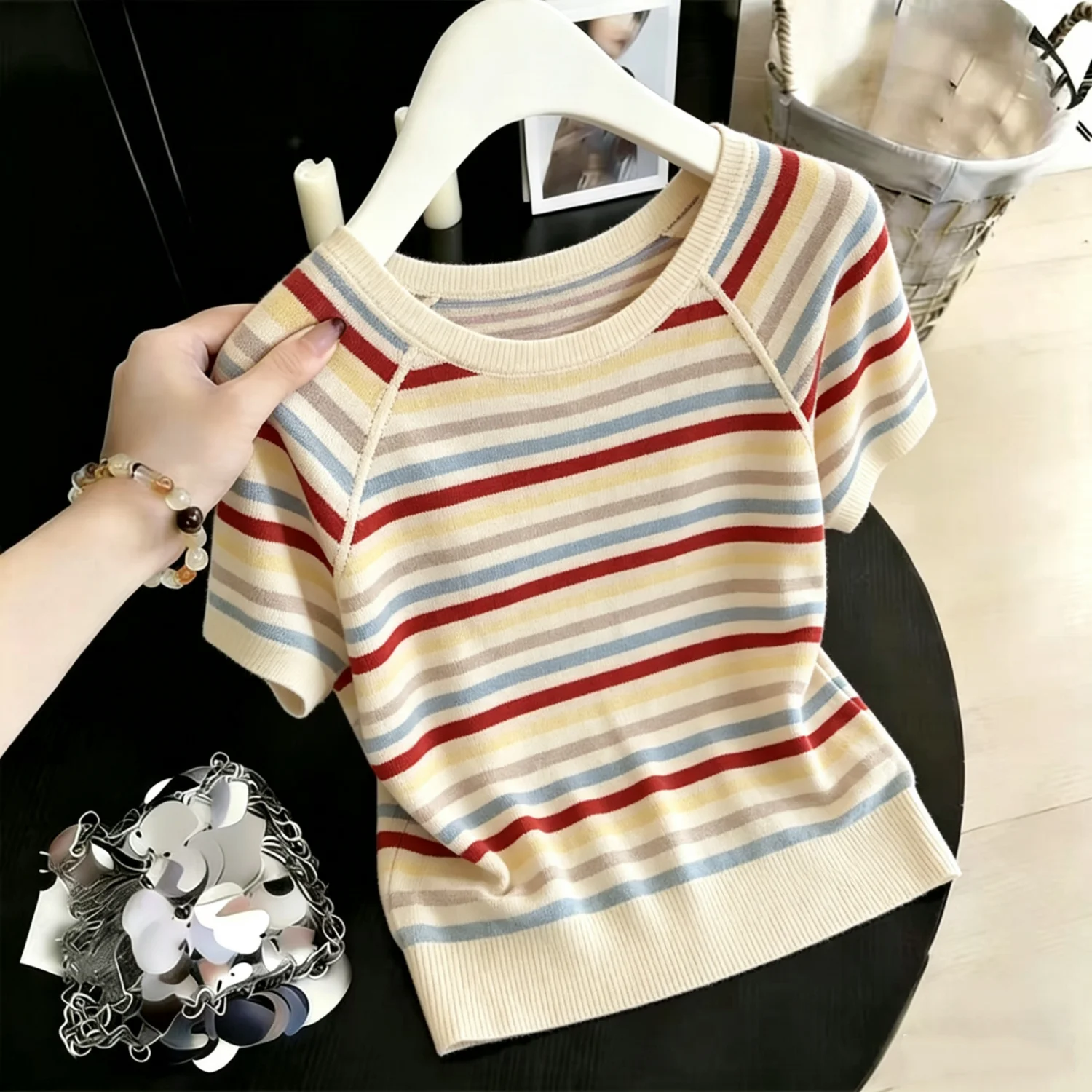 

Summer 2026 Korean Style Loose Fit round Neck Striped Short Sleeve Knitted Top Beautiful Ageless Casual Fashion Blend Fiber