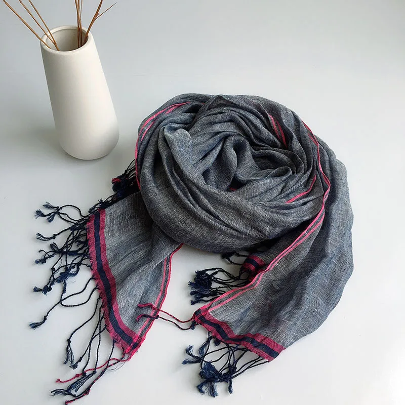 Spring And Summer High Quality Pure Linen Lady Scarf Gray Stylish And Versatile Super Large Long Shawl