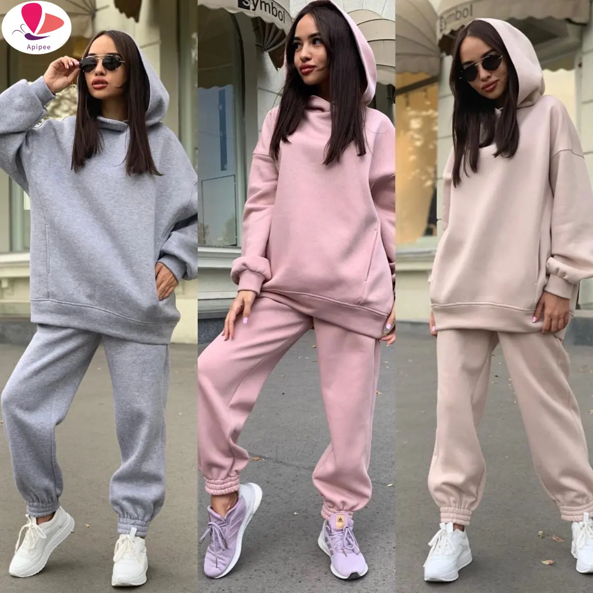 

Спортивный костюм для мужчин и женщин, однотонная толстовка с капюшоном и штаны, комплект одежды из двух предметов, большие размеры, Осень-зима 2024