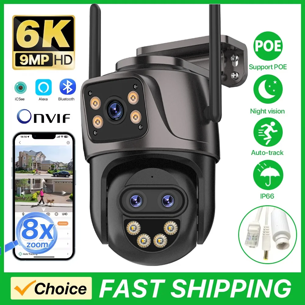 

9MP 6K Three Lens Video Surveillance Auto Tracking Camera IP Onvif POE Or DC 12V 9MP Night Vision WaterProof Security Camera