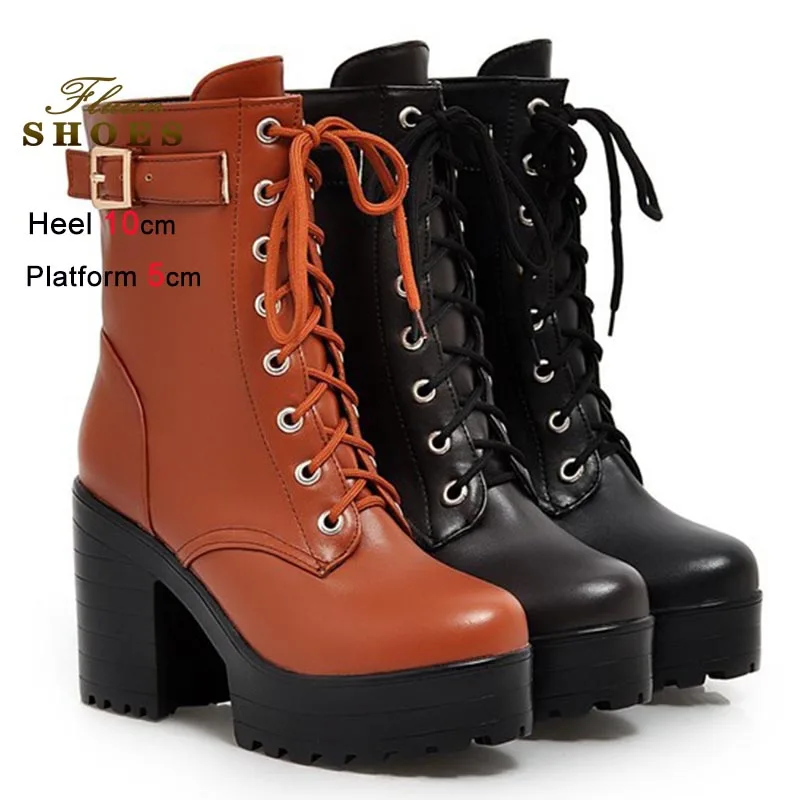 

Lace Up Short Boots 10CM Super High Heels Women Ankle Boots Solid Color Coarse Heel Leather Buckle Boots Foreign Trade Lady Shoe