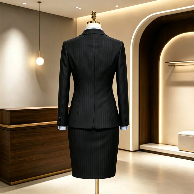 Best-Selling Navy Pinstripe Women Suit Set Wool Anti-Static Stretch Uniform For Office Corporate Business