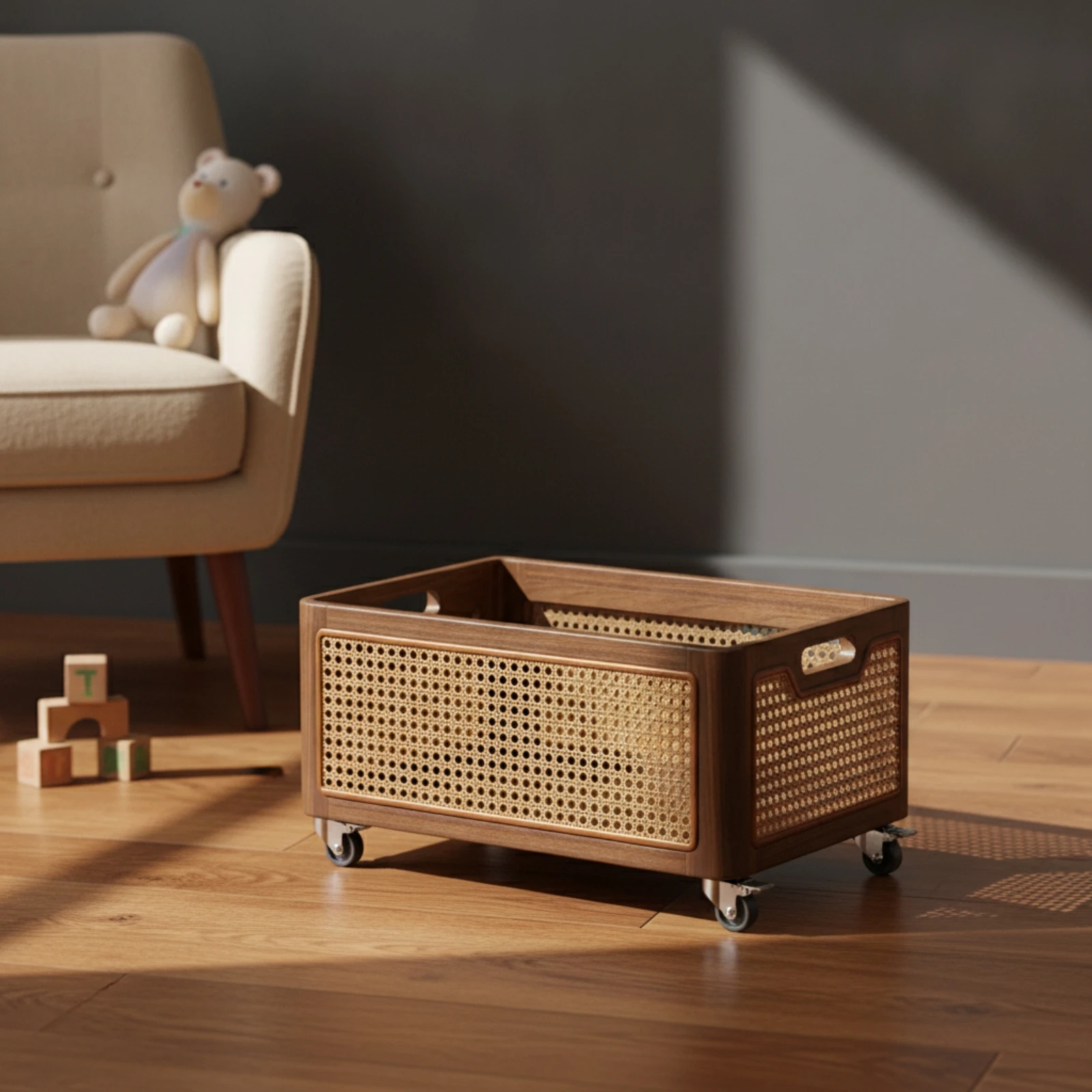 Storage Basket with Wheels Walnut-Finish Storage Box with Wheels Rolling Basket Low-Height Woven for Living Room, Reading Nook