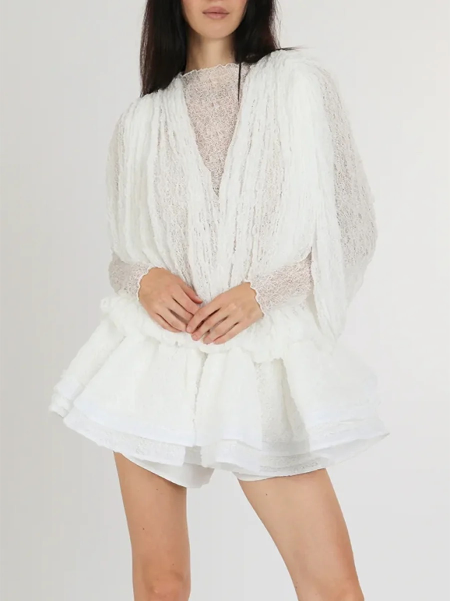TWOTWINSTYLE Elegant White Lace Stand Collar Mini Dress for Women Sheer Long Sleeve Ruffles Hem with Shorts for Stylish Dates