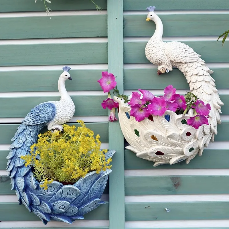 

Creative peacock wall hanging flower pot vase for garden balcony wall decoration, outdoor courtyard wall decoration