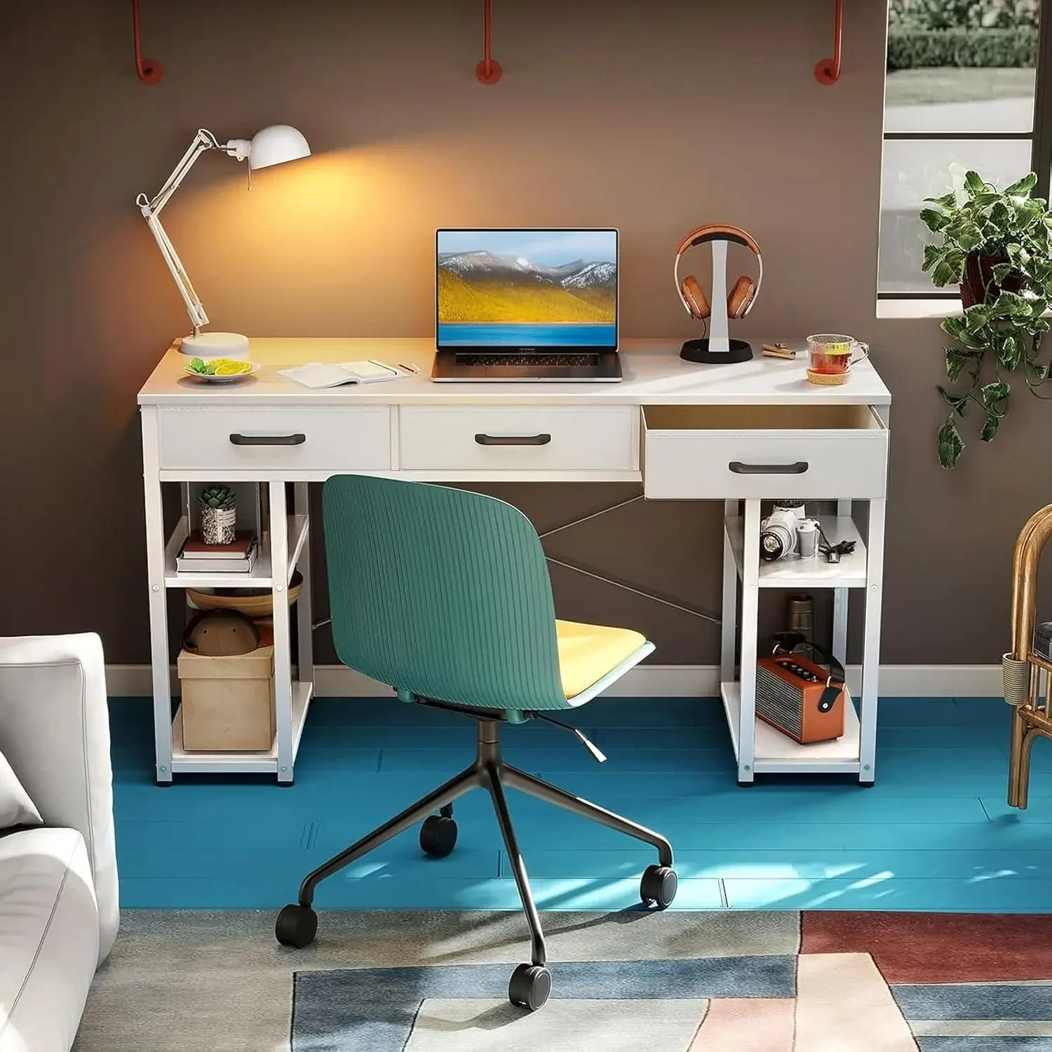 Kleiner Büro-Computertisch: Heimtisch mit Stoffschubladen und Ablageflächen, moderner Schreibtisch, Weiß, 48"x16"