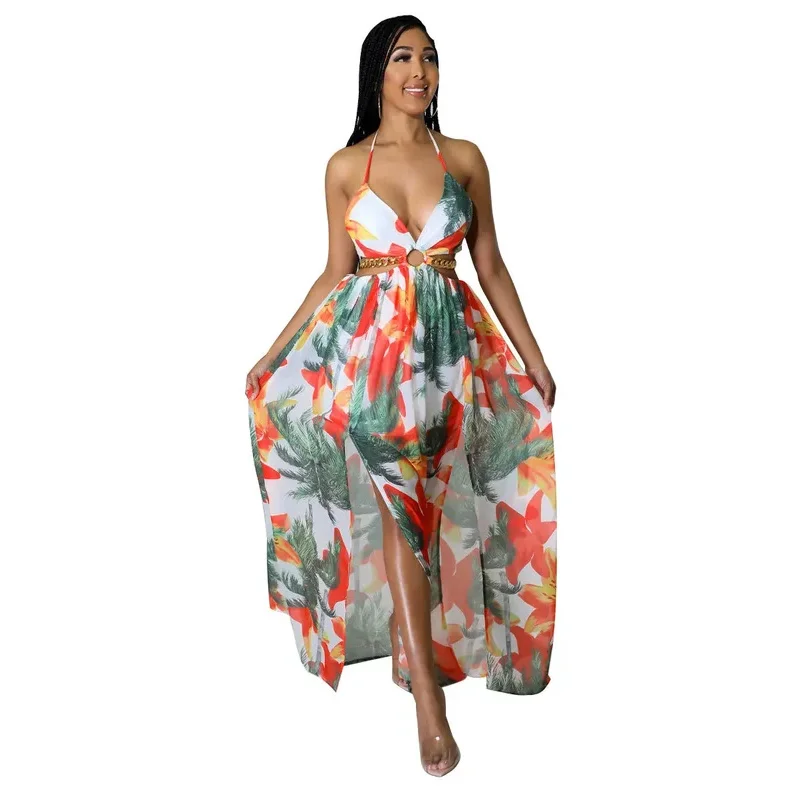 Floral Print Maxi Dress For Women Stylish French Halterneck Summer Dress Mid Length Camisole Dress Elegant High Split Dress