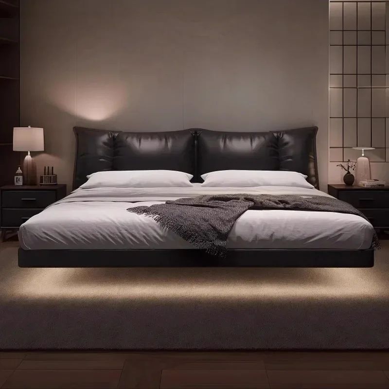 Italian minimalist leather suspension with light pull button soft bag bed, master bedroom double leather bed