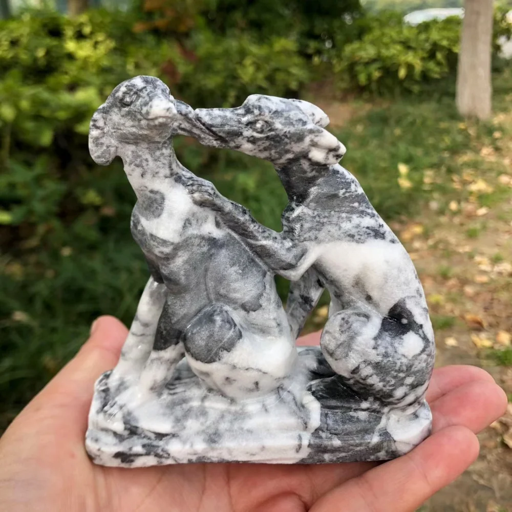 Natural Gray White Crystal Greyhound Dog Pair Carving Dancing Dogs Figurine Reiki Healing Stone Decor Gift