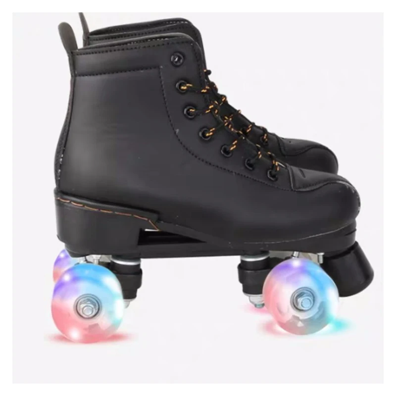 Unisex Black PU Leather Roller Skates Skate Sliding Inline Skates Sneakers Training Euro Size 4 Wheel Flash Wheels