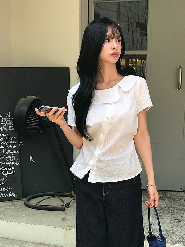 

Korean Style Doll Collar Slim Fit Shirt Women's Summer New Design Waist Cinching Elegant Asymmetrical Top