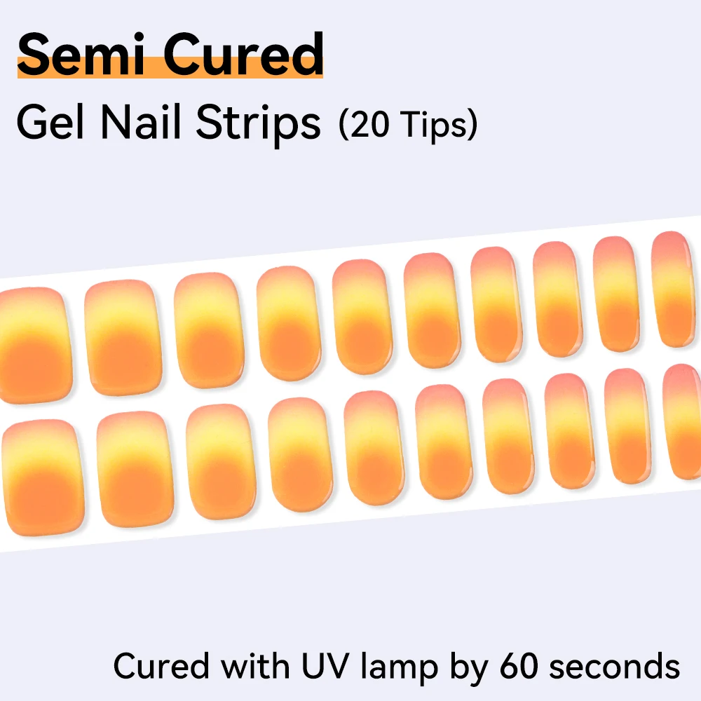 Gradient Semi-Cured Nail Wraps Solid Color Dot Adhesive Waterproof Long Lasting 20 Tips Gel Nail Stickers Manicure Need UV Lamp