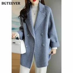 BGTEEVER Stylish Long Sleeve Loose Pockets Women Woolen Jacket Autumn Winter Elegant Lapel Thick Female Jackets