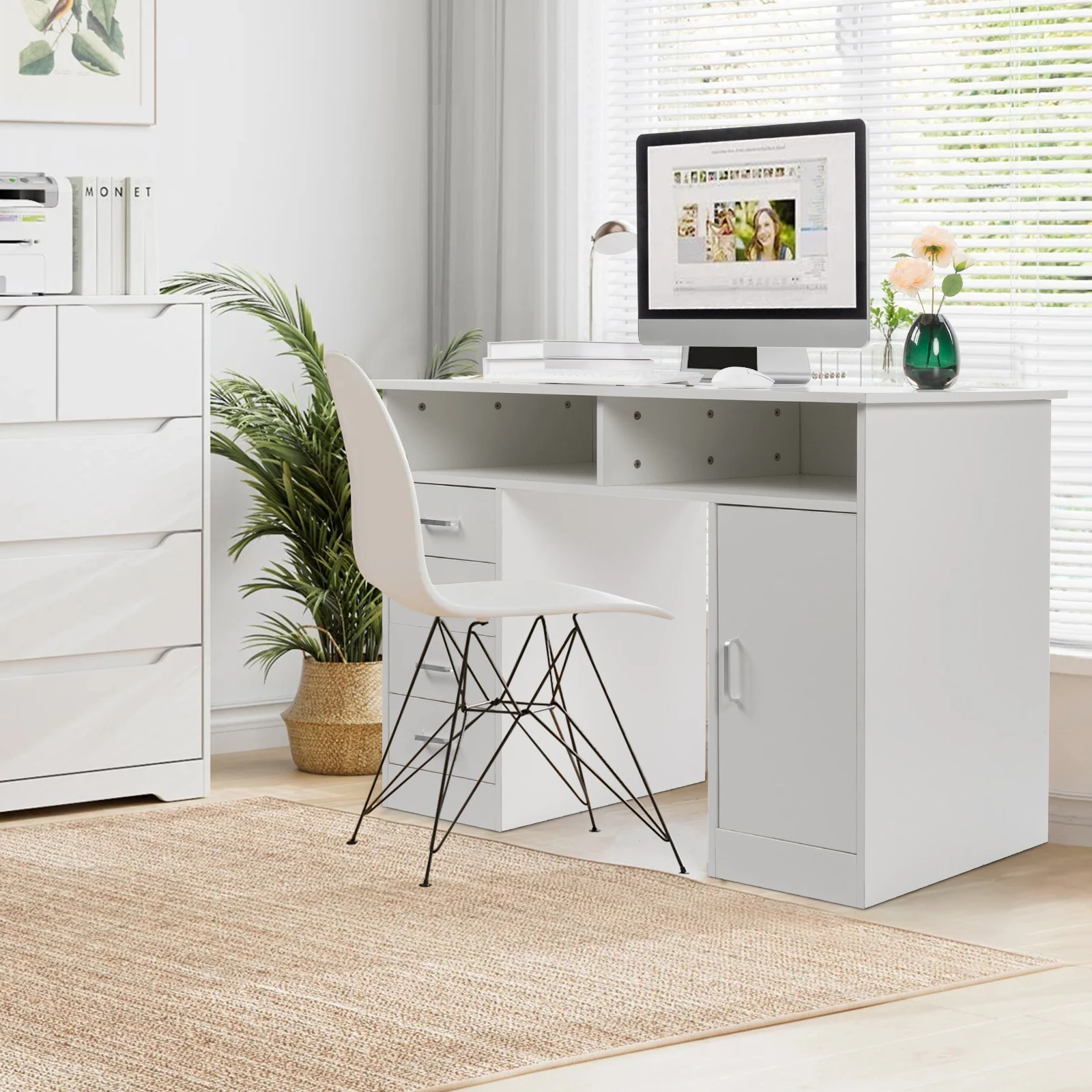 White wood grain particle board with triamine 120*50*78cm one door four drawers plus interlayer computer desk