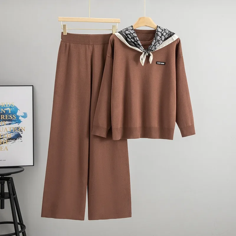 

2025 модный вязаный комплект, женская весенне-осенняя одежда, новый стиль, универсальный топ, широкие брюки, комплект из двух предметов