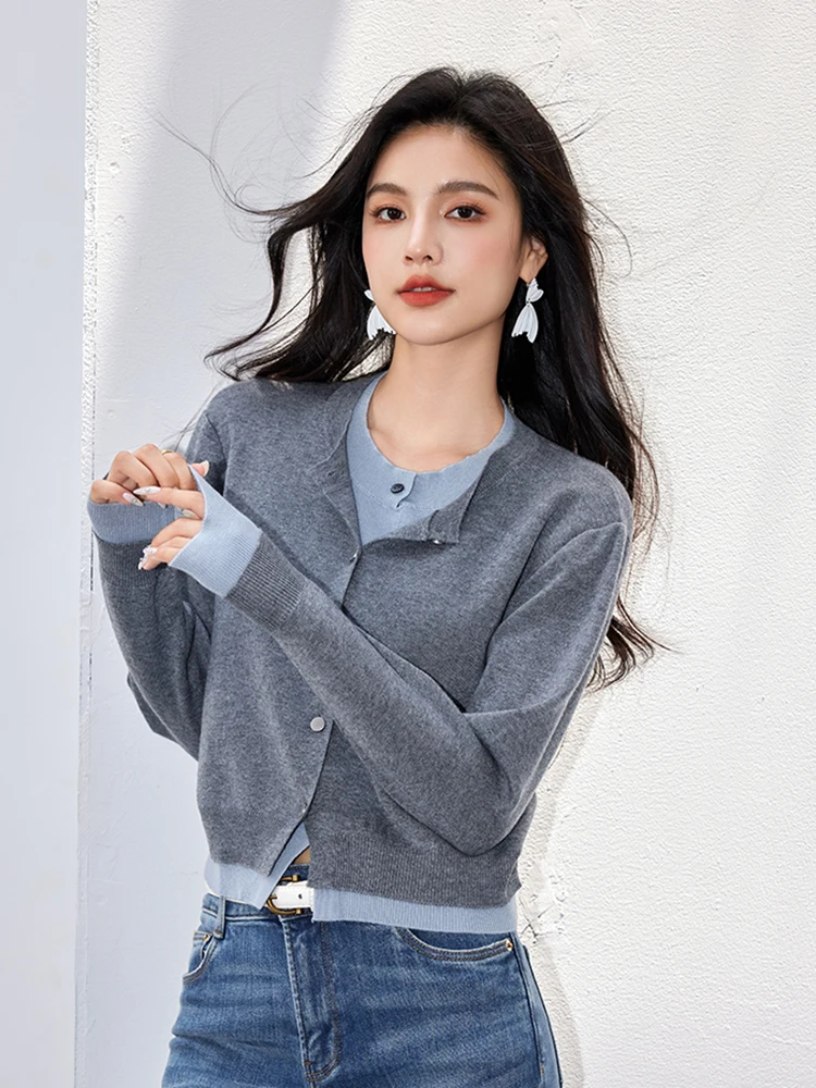 Fake Two-pieces Contrast Color Stitching Knit Sweater Women 2024 Autumn Winter New Chic Design Casual Tops