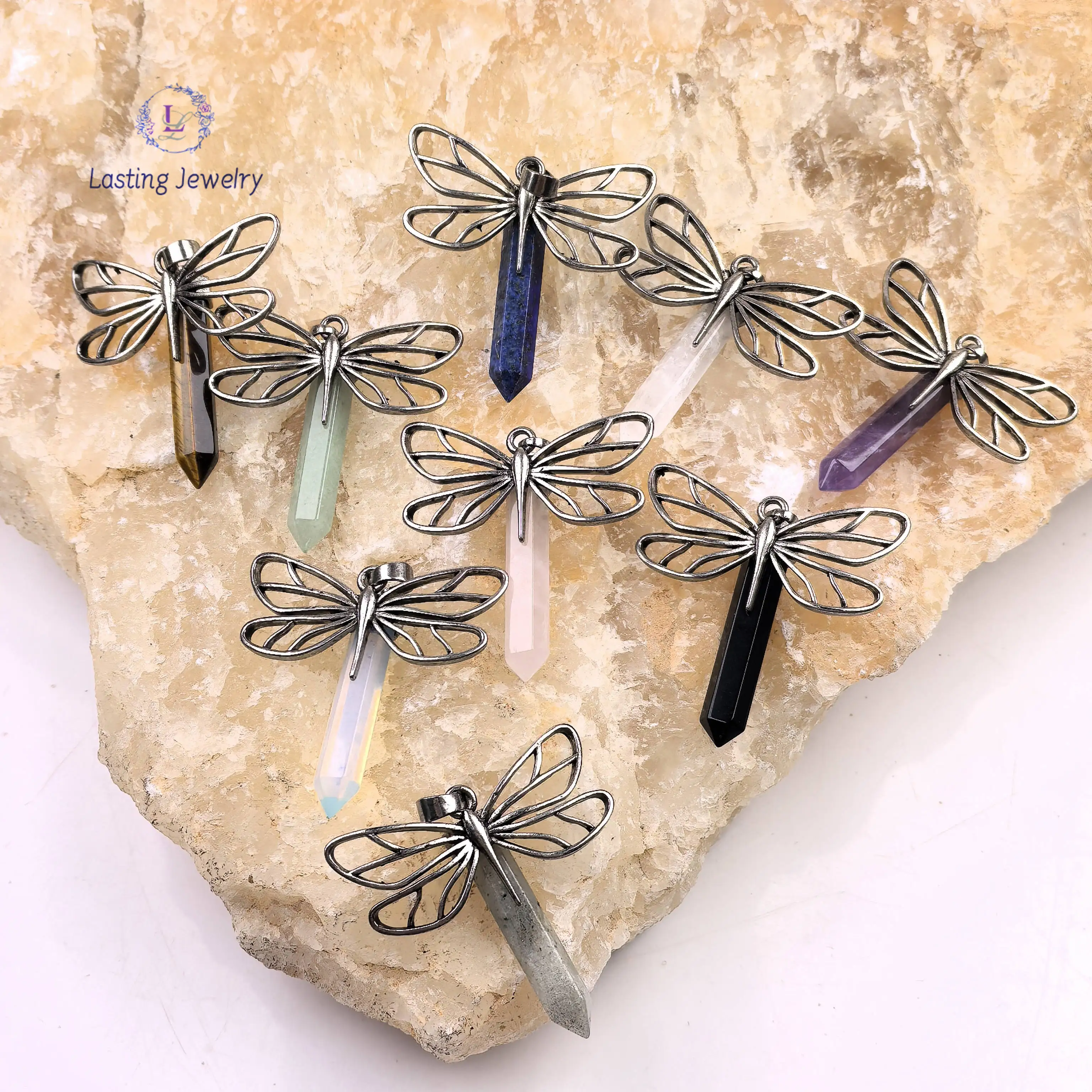 

Hexagonal Point Quartz Dragonfly Pendants,Chakra Crystal Amethyst Obsidian Rose Quartz Opal Charms Pendulum Necklace DIY Jewelry