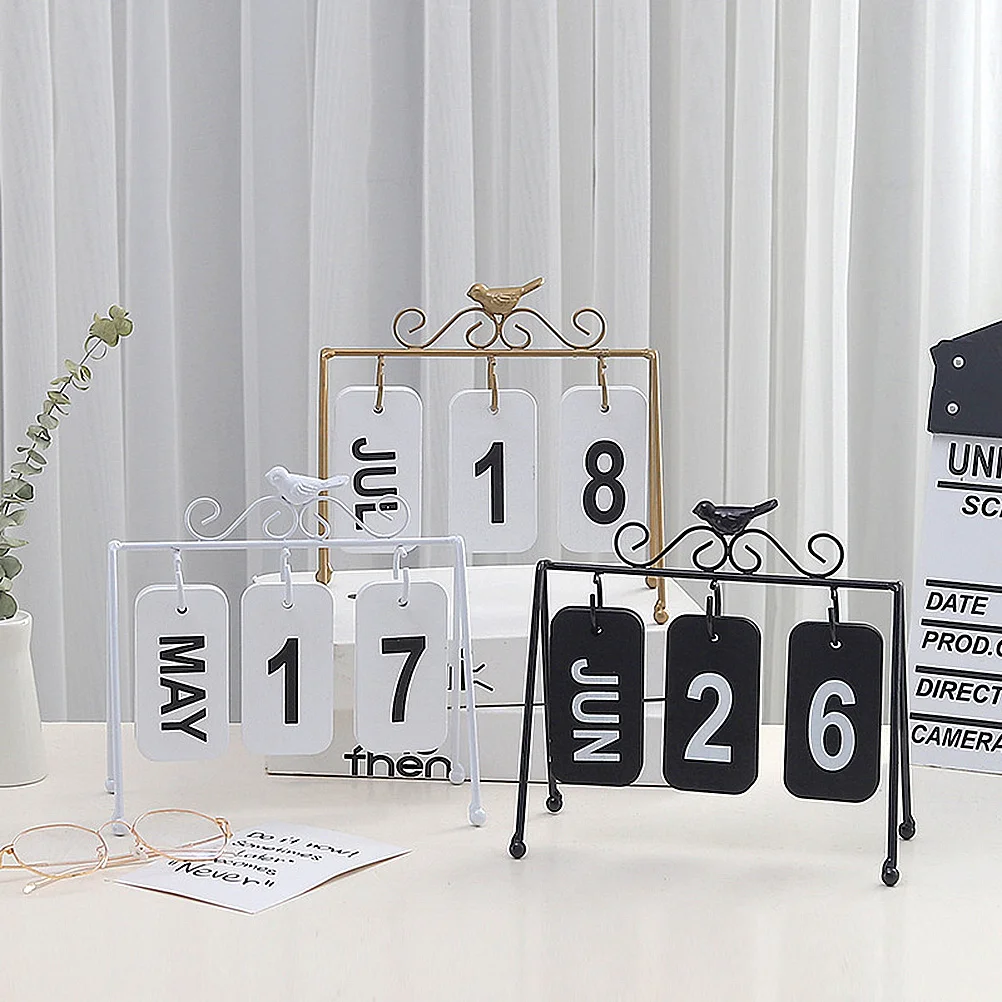 

Creative Bird Page Turning Iron Art Desktop Calendar Black Vintage Date Display Decoration for Home Office