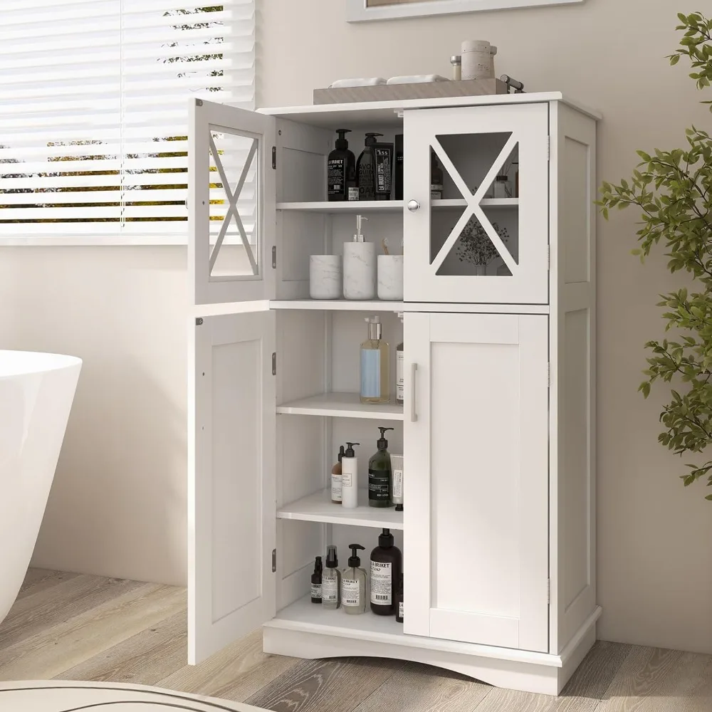 Tangkula Bathroom Storage Cabinet, Freestanding Floor Cabinet w/2 Glass Doors, 3-Level Adjustable Shelves, Anti-toppling