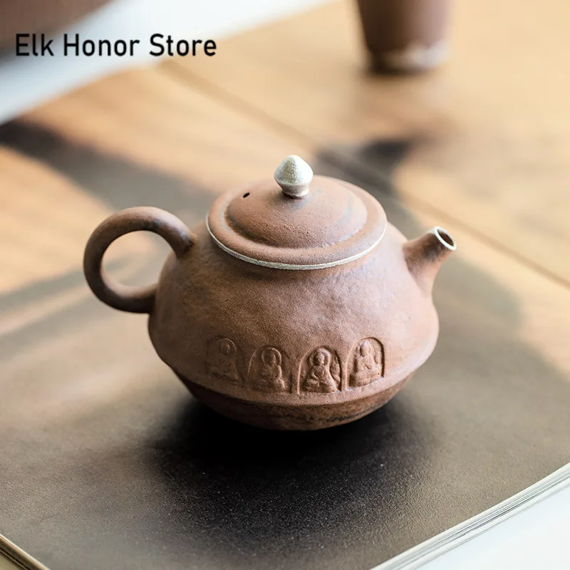 Handmade Old Rock Clay Teapot Retro Silver Coarse Pottery Pot Household Tea Soaking Kettle with Strainer Supplies Craft 4 Styles