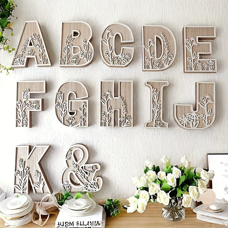 خشبية الأبجدية رسالة منحوتة أنماط الأزهار الحلي الجدار الشنق ديكور المنزل DIY حفل زفاف عرض الحرف اليدوية الزخرفية #1