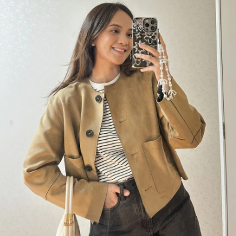 

HXAO 2024 Women's Jacket Cropped Suede Jacket Old money style women Vintage Outerwears Demi-season Jacket Woman New in Coats