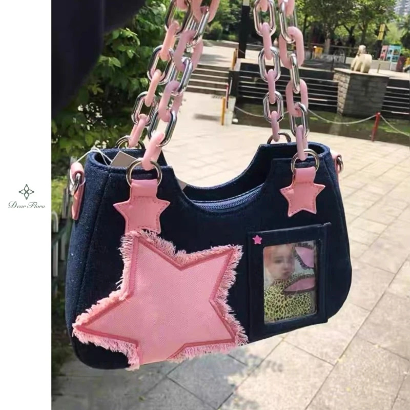 Y2K Vintage Korean Japanese Fashion Shoulder Underarm Harajuku Star Tote Denim Bag Women Chain Bag Zip Purses Messenger Handbag