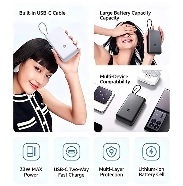 Xiaomi 20000mAh 33W Two-Way Fast Charging Power Bank with Built-in USB-C Cable Portable External Battery for iPhone 15-17 Xiaomi