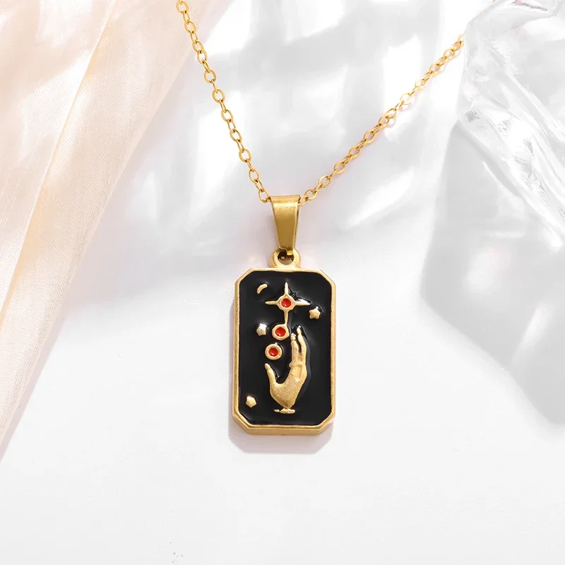 Exquisite Stainless Steel Square Tarot Necklace Star Hand of God Pendant Necklace Women's Fashion Retro Clavicle Chain Jewelry