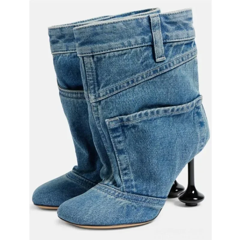 2024 Autumn/Winter Fashion Slender High Heel Short Boots Round Head Jeans Boots Pocket Design Runway Women's Large Short Boots