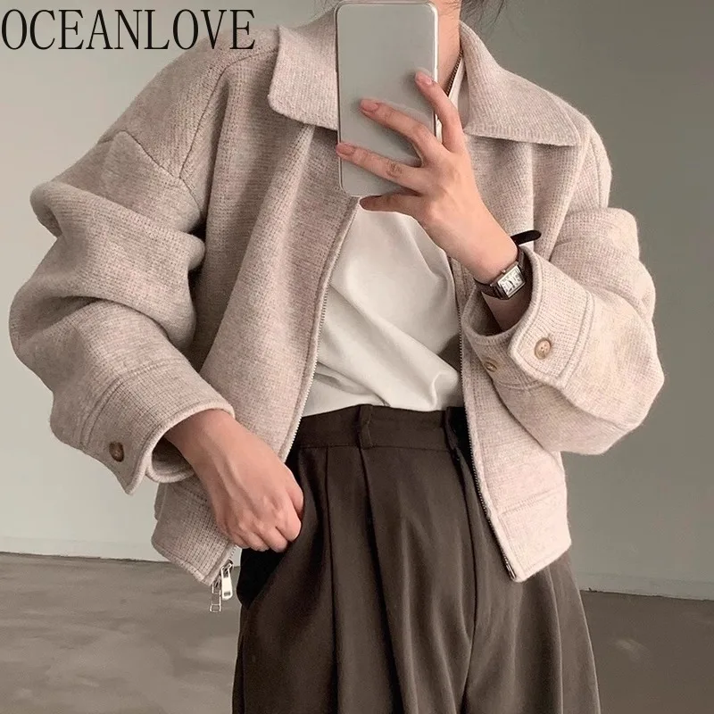 

OCEANLOVE Autumn Winter Jackets Woman Solid Zipper Korean Fashion Vintage Chaquetas Mujer Simple Elegant Short Outwears