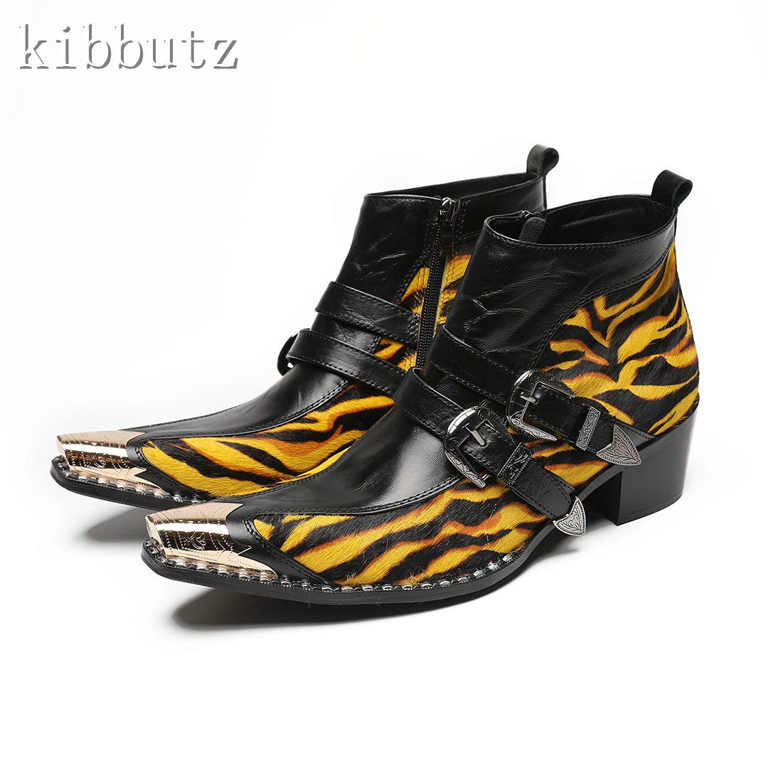 Desinger New Striped Buckle Men High Heels Boots Genuine Leather Pointed Toe Zipper Ankle Boots Male Fashion Party Wedding Shoes