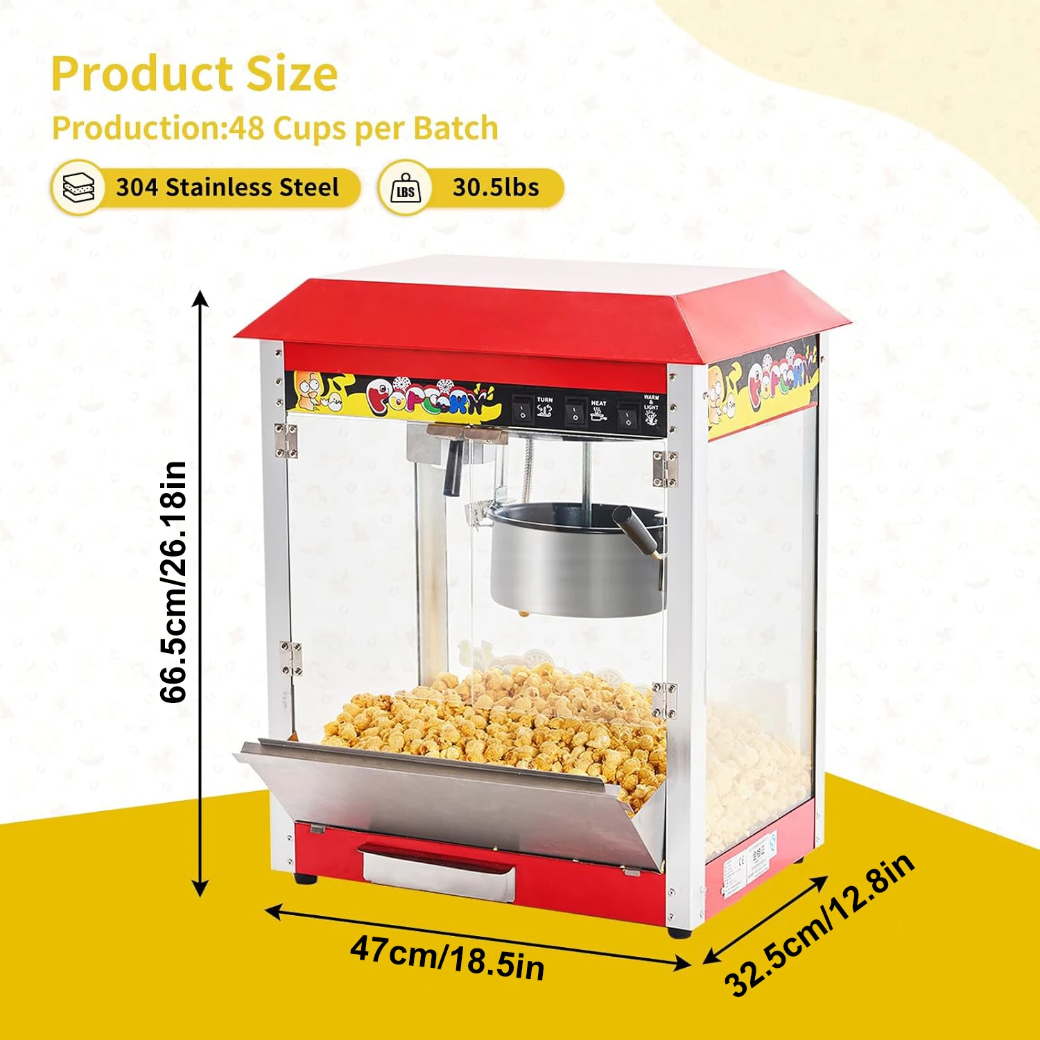 1 Pc Commercial Popcorn Machine 10 Oz Kettle 1300W Countertop Popcorn Maker Movie Theater Popcorn Popper with 3-Switch Control