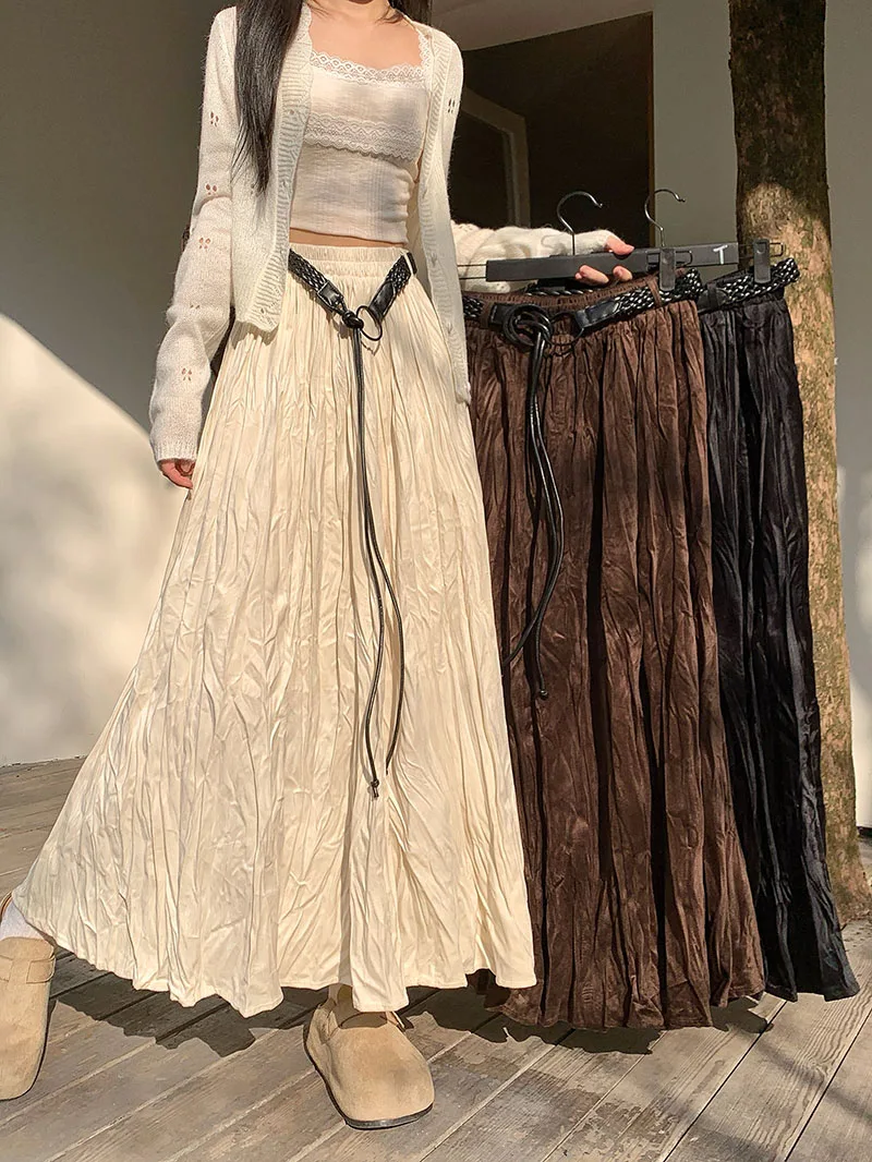

Korean-style Pleated Skirt with Belt Women Vintage Loose High Waist Long Skirt Female Fall Chic A-line Black Maxi Faldas 2025
