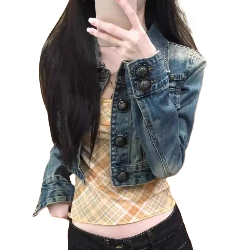 

2026 Denim Jacket New American Retro Washed Fashion Slimming Niche Cropped Jacket Top Temperament Commuting Women's Clothing