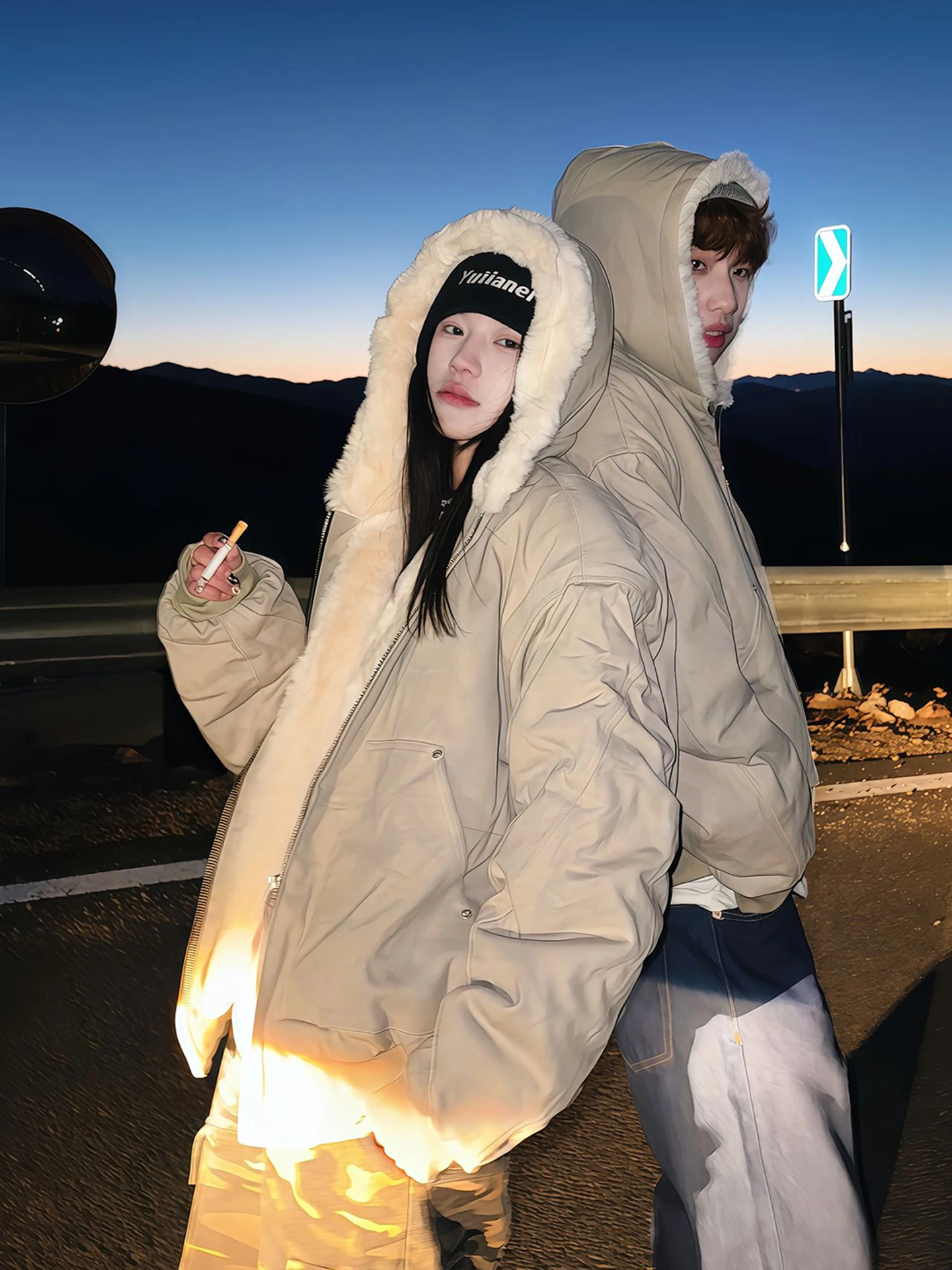 レトロアメリカンファージャケット男性女性綿コート大理石の毛皮の襟付きフード付き秋冬暖かいスタンドフィットジーンズジャケット