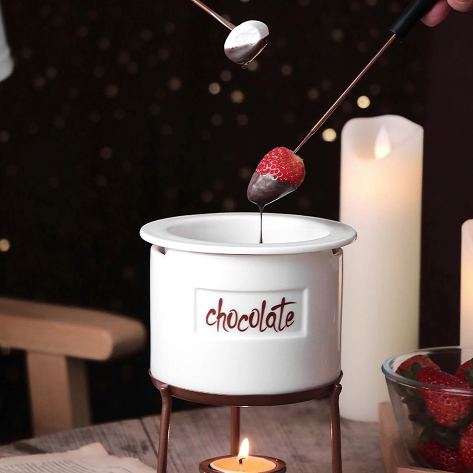 Fondue Pot Set Mini DIY Heating Ceramic Chocolate Melting Pot 350ml Chocolate Fountain Maker For Party Kitchen Birthday Ceremony