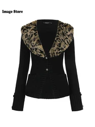 Autumn Winter Woman Coquette Leopard Print Removable Collar Cardigan Sweater Long Sleeve Knitwears Crop Jumper Gyaru Old Money