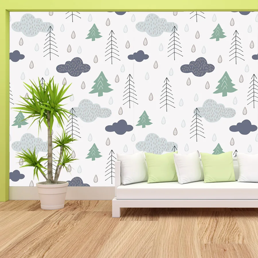 

Custom Self Adhesive accept Wallpapers for Living Bed Room Trees Painting Clouds Wall design Papers Home Decor Nursery TV Murals