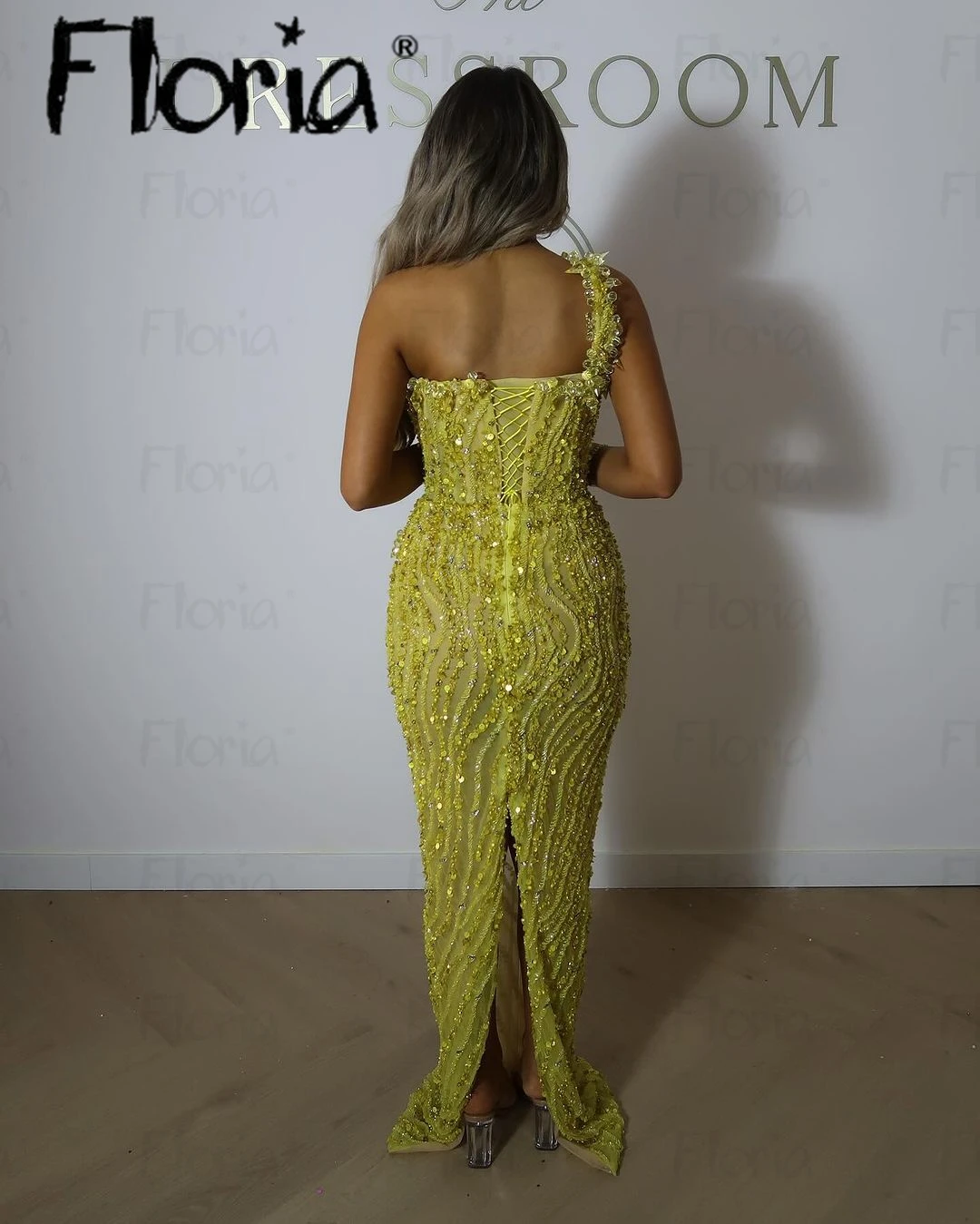 Floria Arabic Yellow One Shoulder Mermaid Evening Dress with Split Back Beaded Dubai Luxury Wedding Party Dress Customized