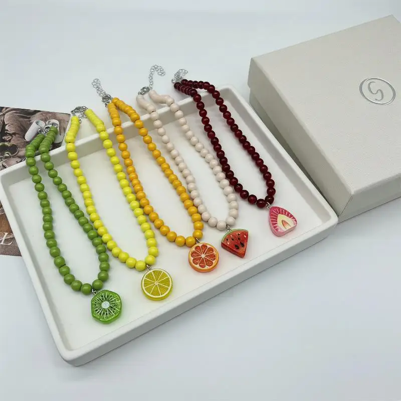 Various Fruit Pendant Necklace For Girl Women Handmade Rice Beads Bohemian Choker Watermelon Lemon Strawberry Jewelry