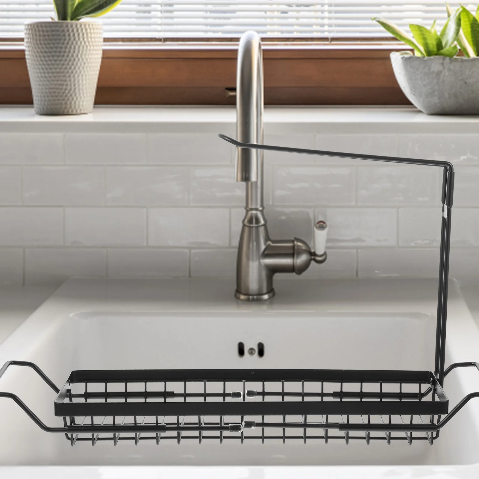 

Adjustable Organizer Kitchen Storage Shelf Telescopic Design Black Sponge Holder for Over the Sink Towel Soap Brush Drying Rack