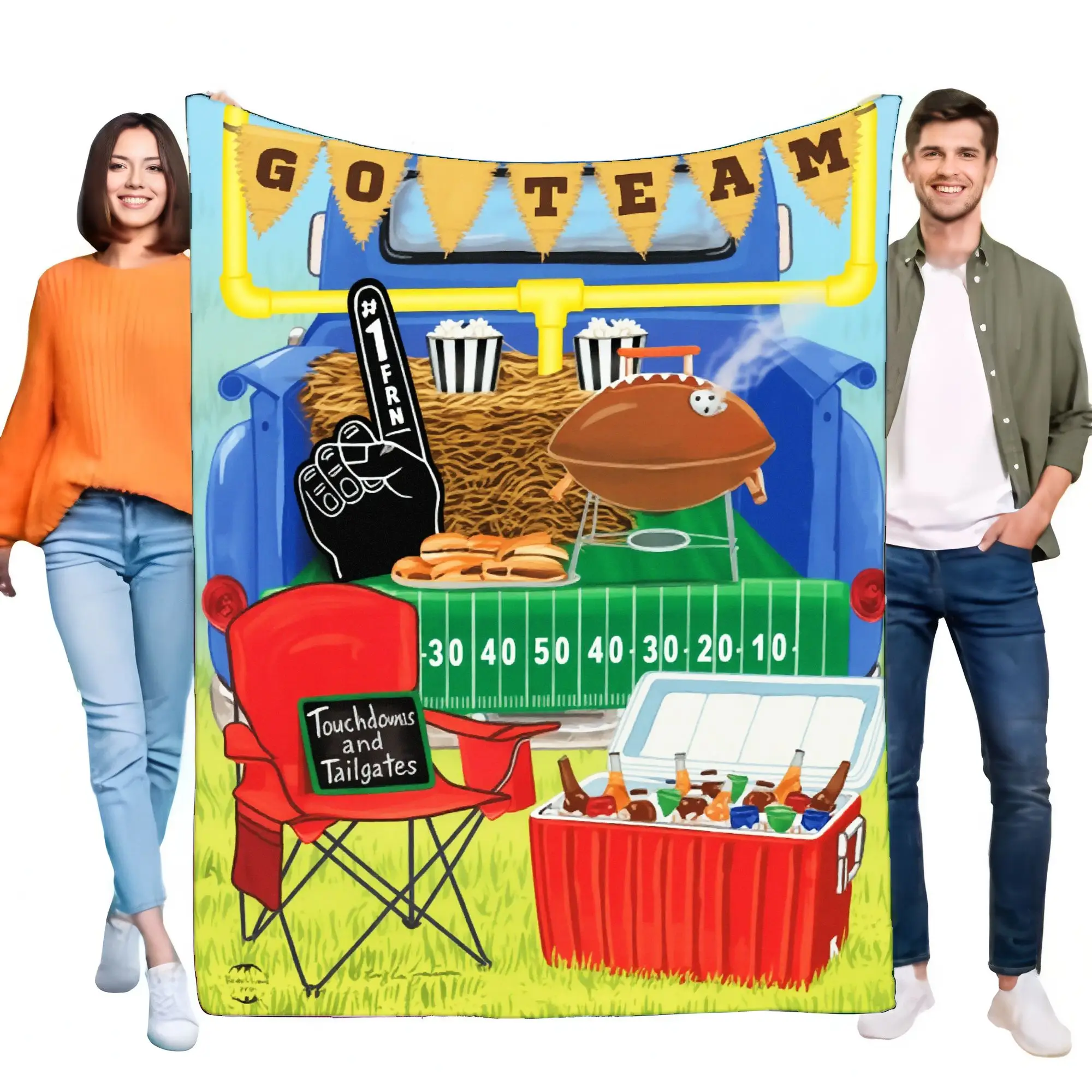 Manta de campaña de fútbol colorida, diseño detallado para eventos deportivos al aire libre, presenta una cama de camión azul, banderines amarillos GO TEAM,