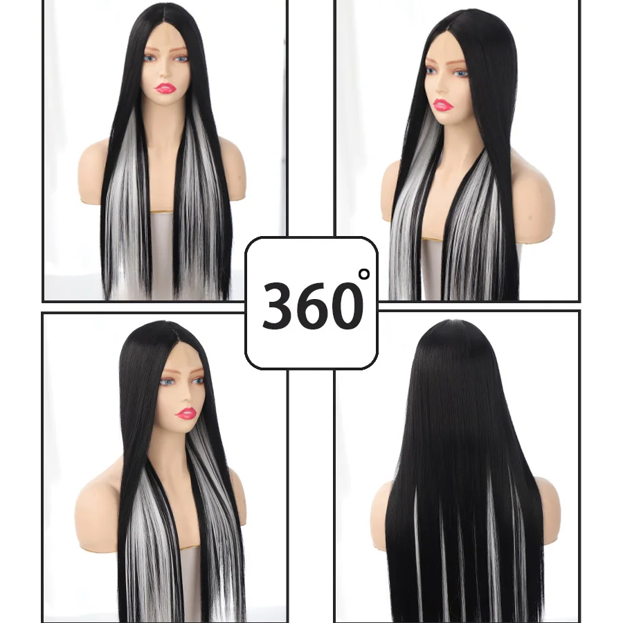 Synthesis long straight white natural wig no bangs heat resistant premium synthetic wig hair set