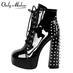 Onlymaker Women Platform Rivets Ankle Boots Metal Buckles Lace-up Chunky Heel Big Size Punk Block Heel Boots